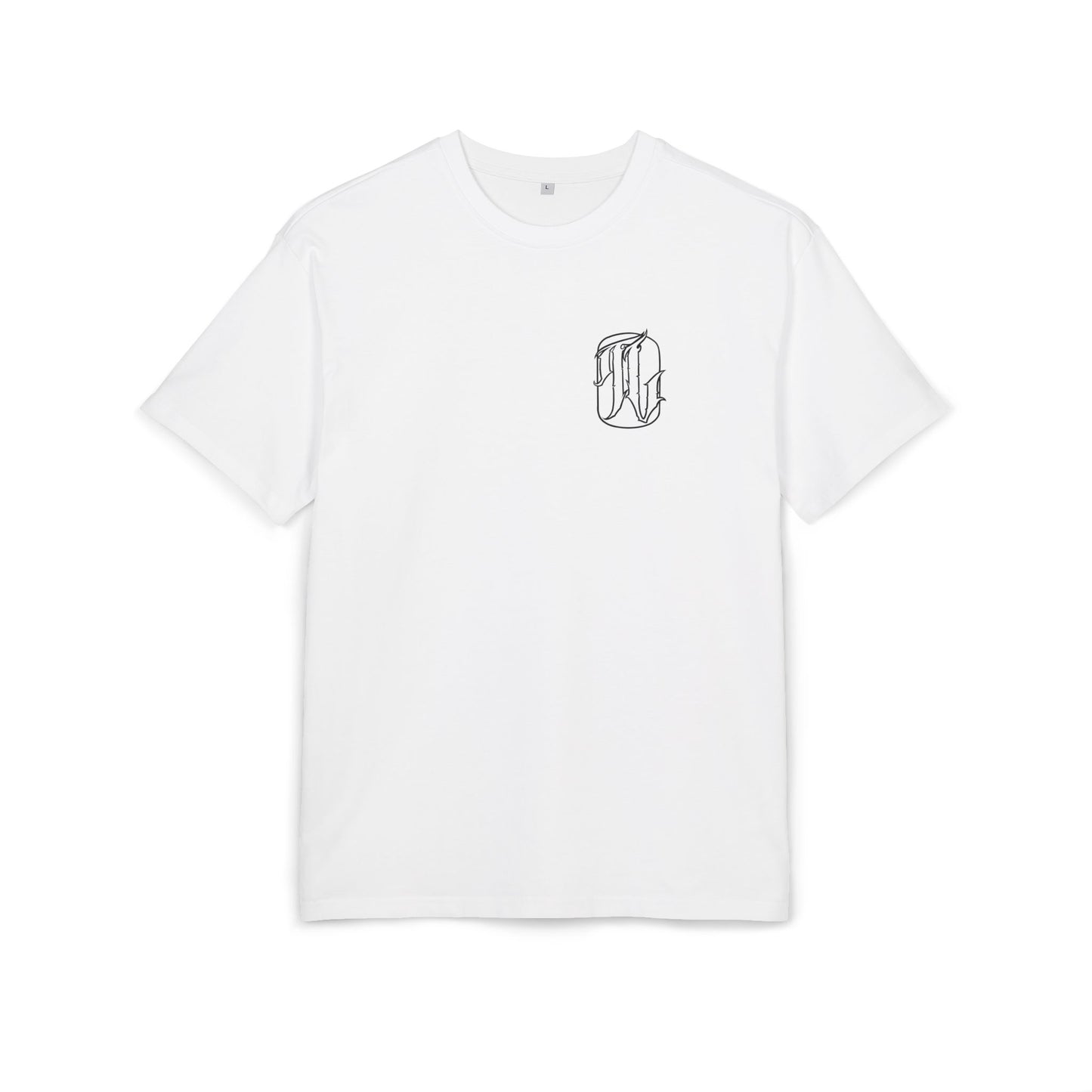 White t-shirt with a black logo on a white background, front