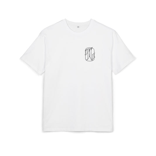 White t-shirt with a black logo on a white background, front