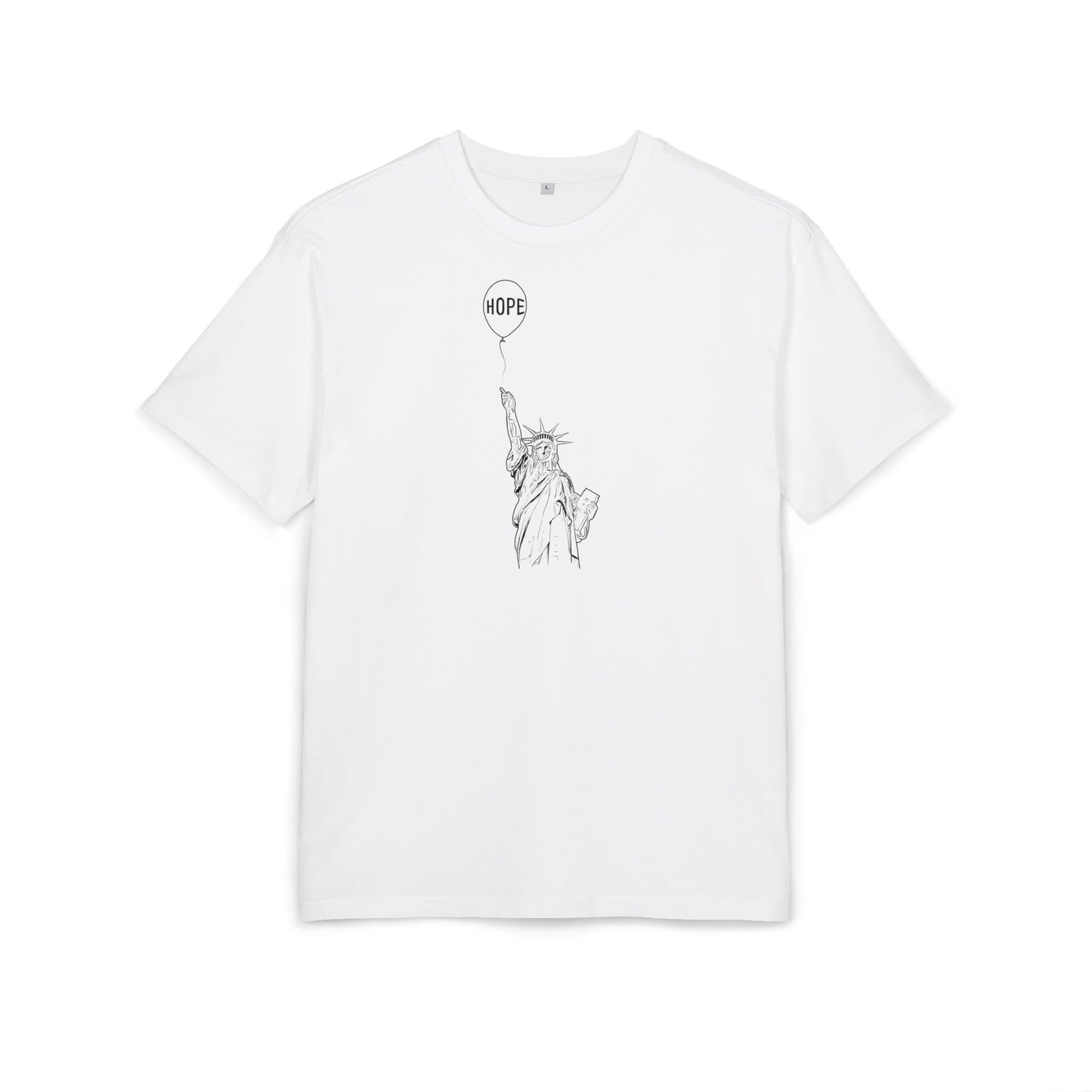 White t-shirt with black statue and balloon design on a white background, front