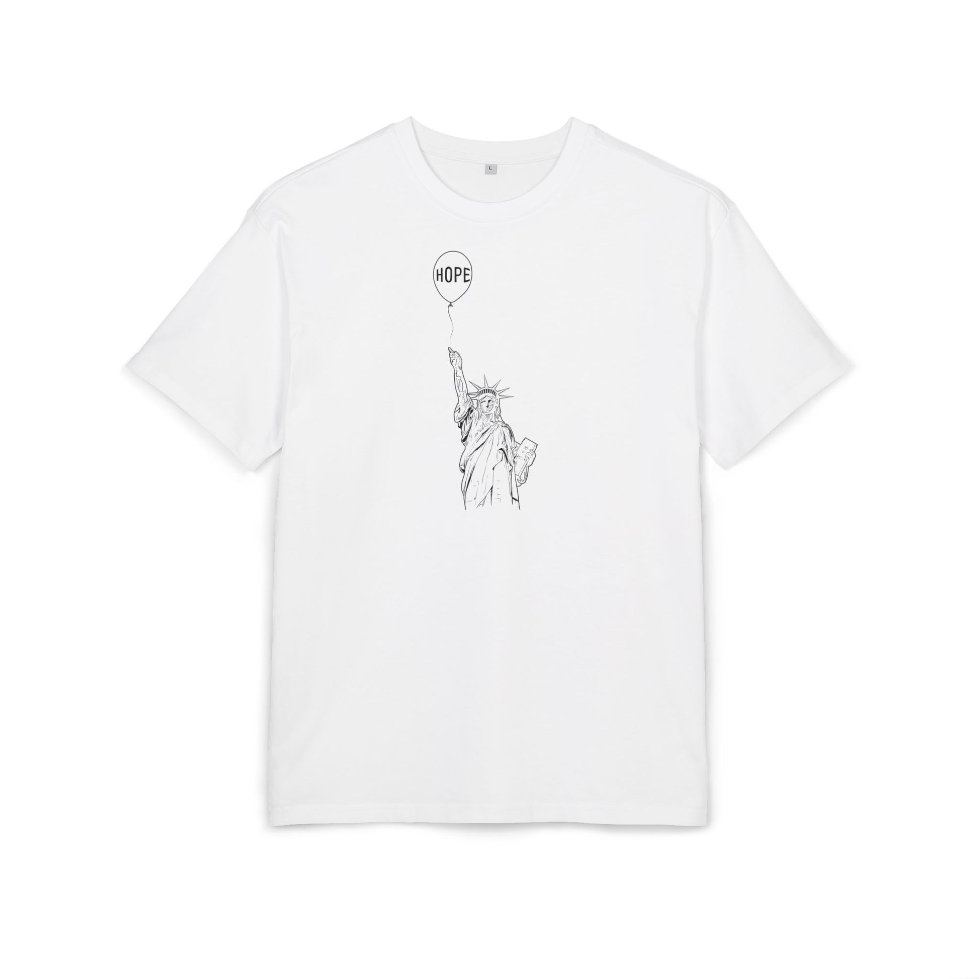 White t-shirt with black statue and balloon design on a white background, front