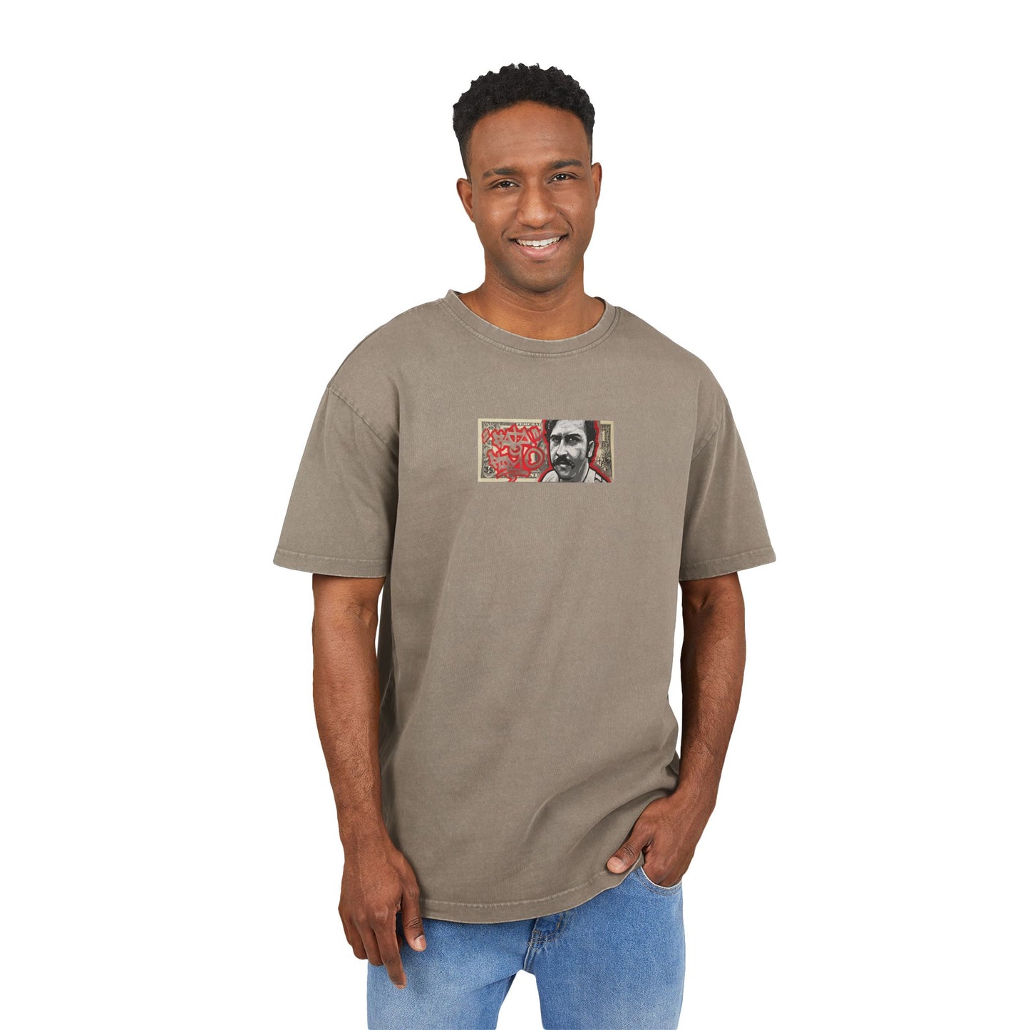 Man wearing a brown t-shirt with agraphic design of pablo escobar on a white background, front