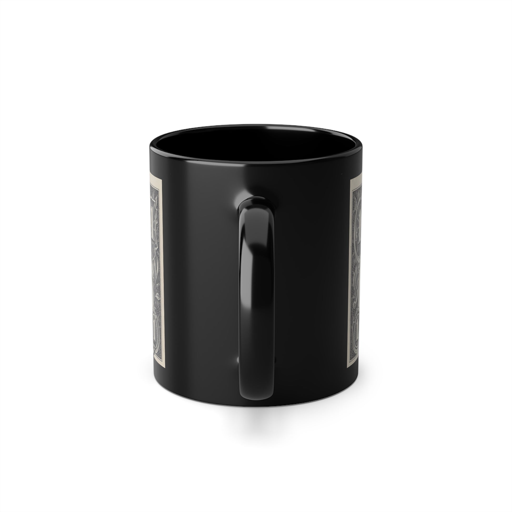 A black ceramic coffee cup with a glossy finish and a graphic design of a character holding a container, back