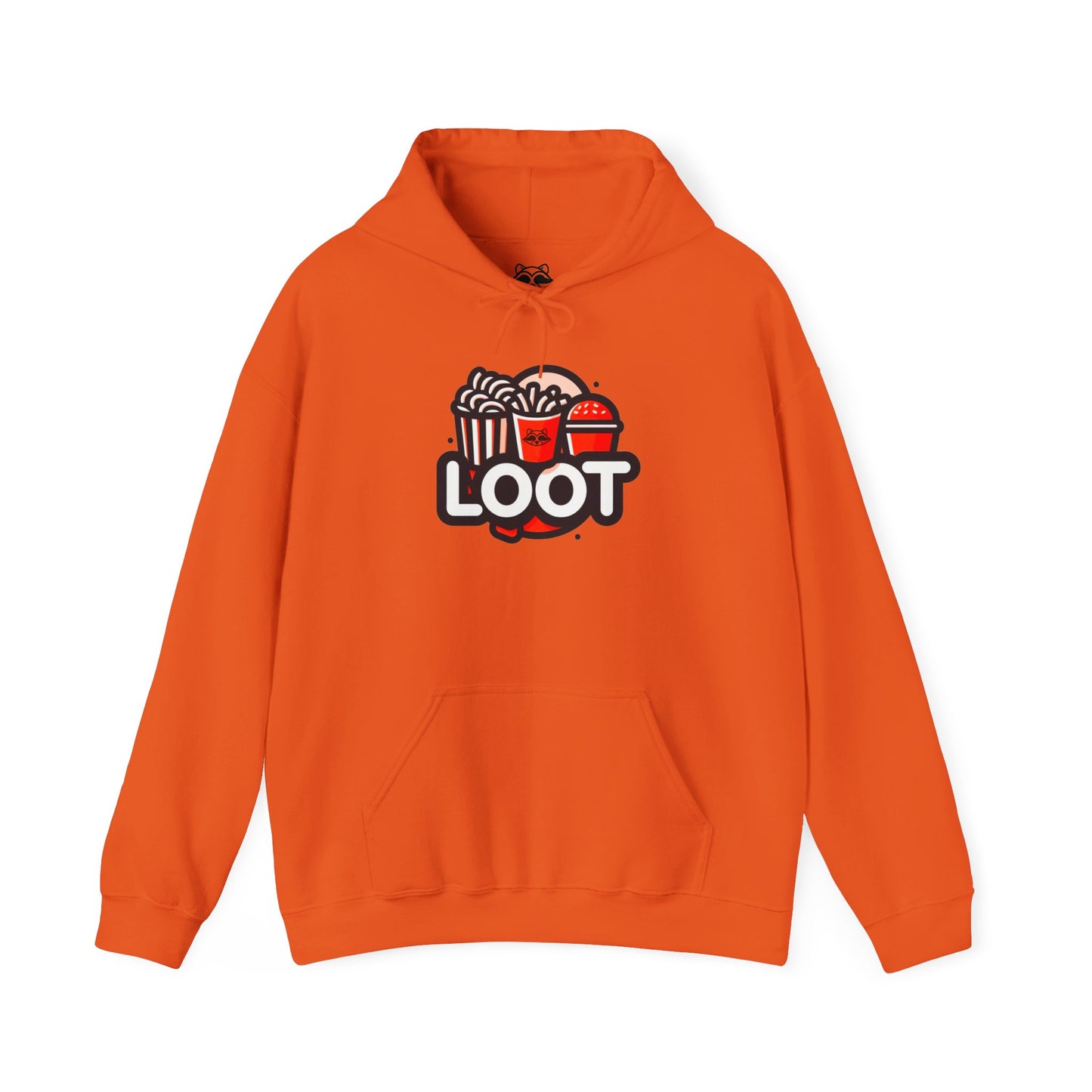 orange  hooded sweatshirt in orange color with a graphic print on the front that reads 'LOOT' with a fast food beside it, front