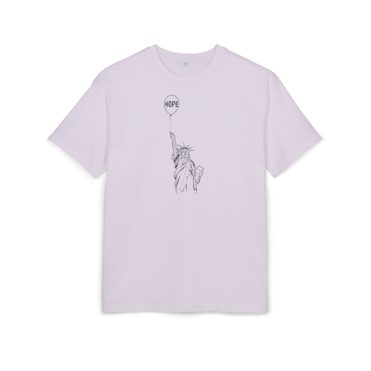 lilac t-shirt with black statue and balloon design on a white background, front