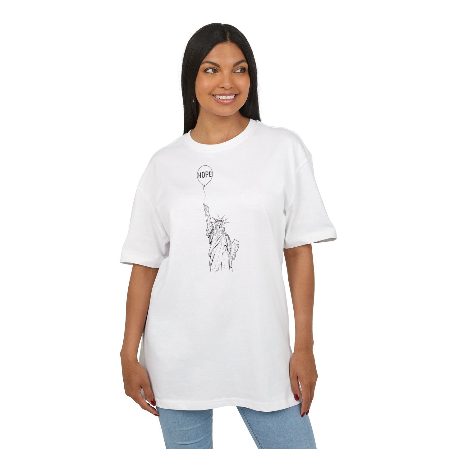 woman wearing white t-shirt with black statue and balloon design on a white background, front