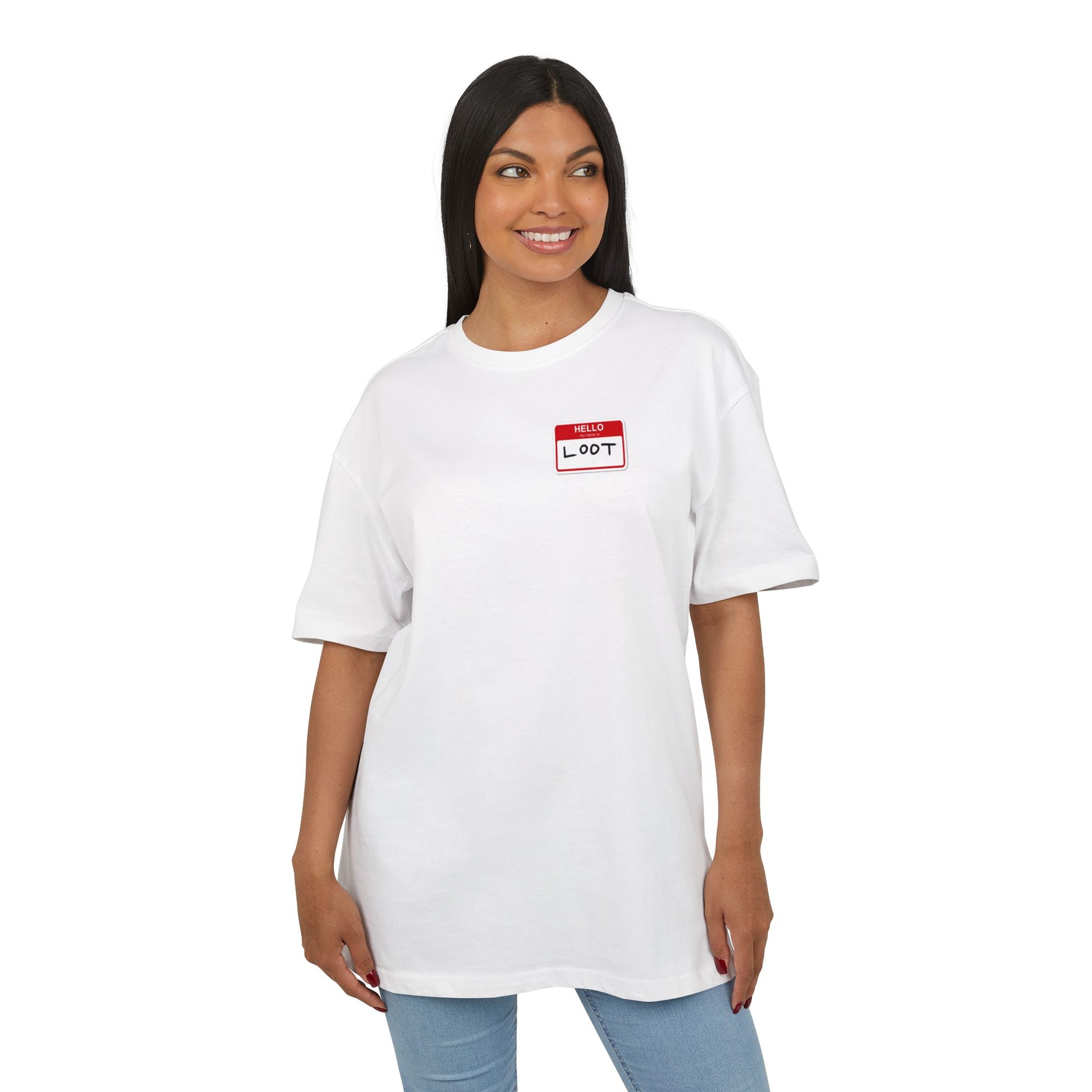 Woman wearing a white t-shirt with a name tag graphic on a white background, front