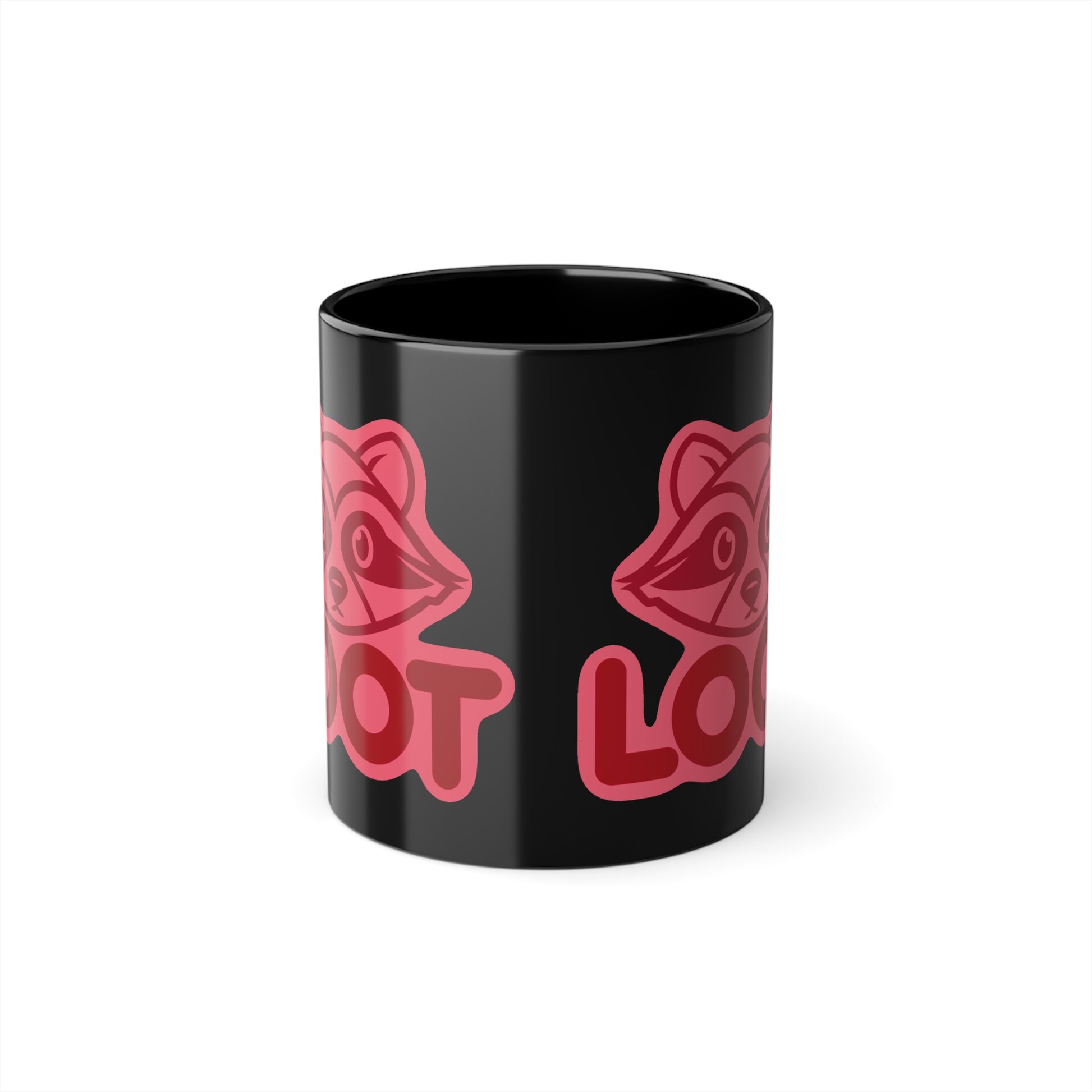 Black mug with a red raccoon graphic and 'LOOT' text on a white background, front