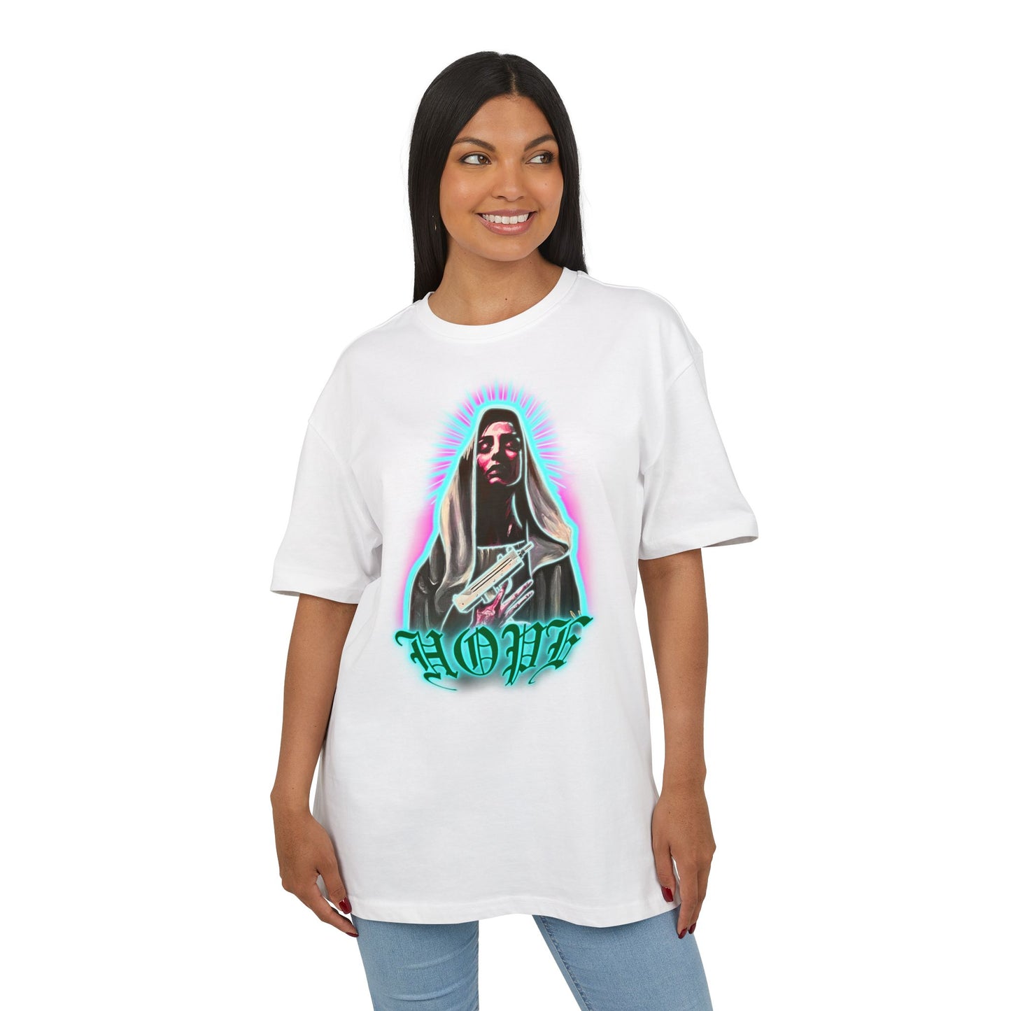 Woman wearing a white t-shirt with a graphic design on a white background, front