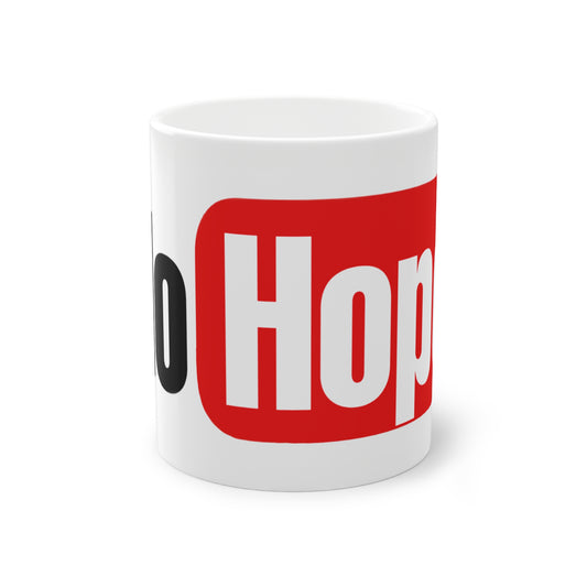 White mug with a red and black design with text "NO Hope" on a white background, front