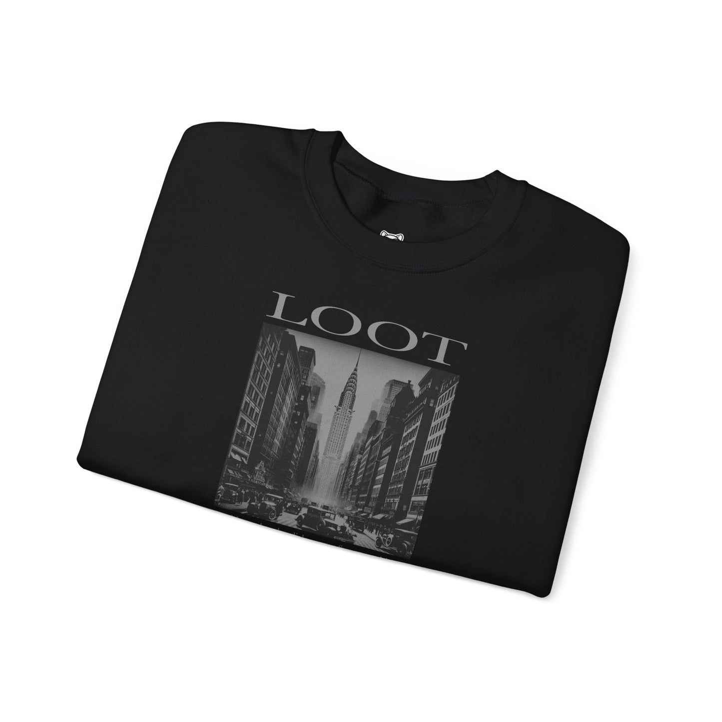 folded black sweatshirt with black and white graphic and 'LOOT' text on a white background, front