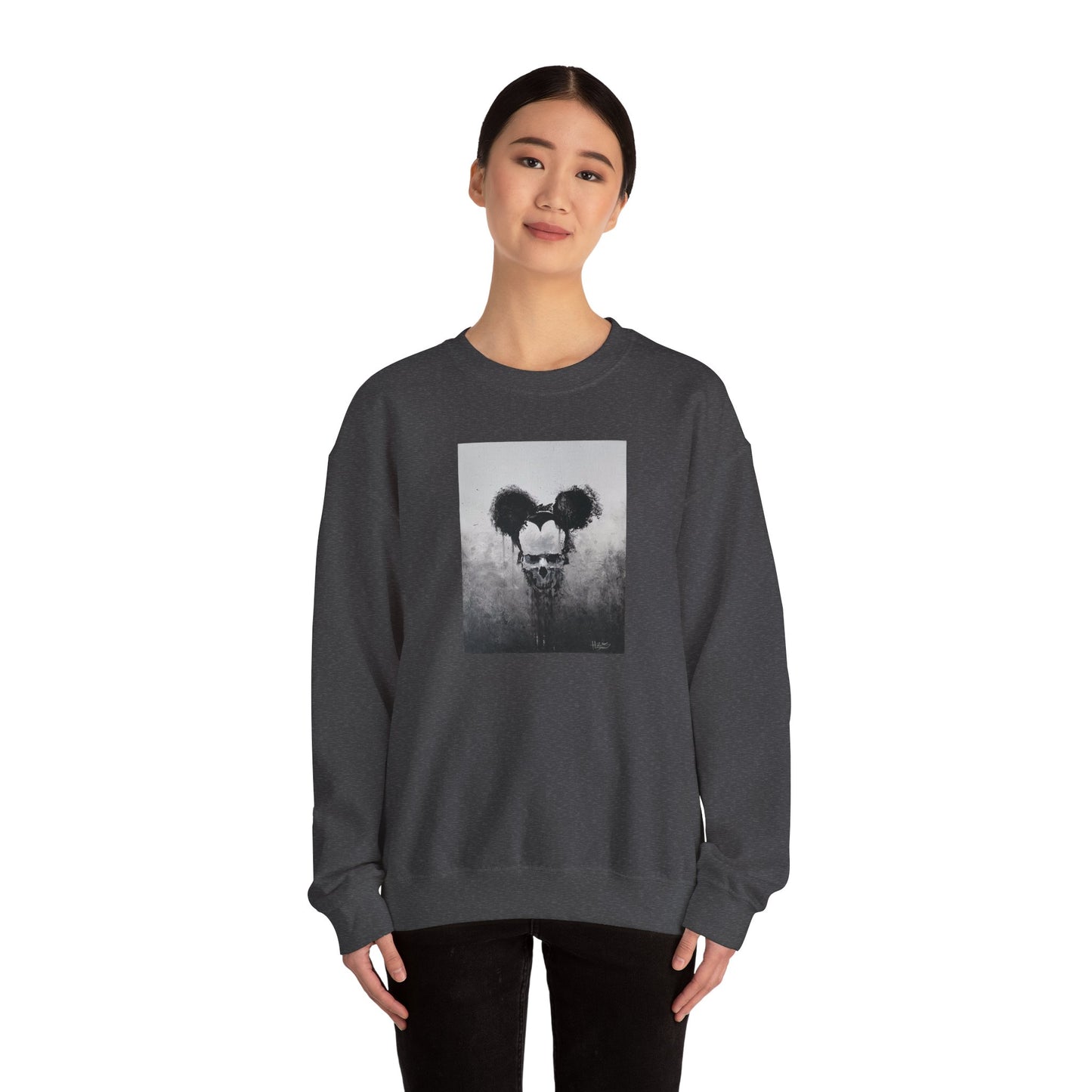 woman wearing dark heather unisex crewneck sweatshirt with a front print of a dripping mickey portrait, front
