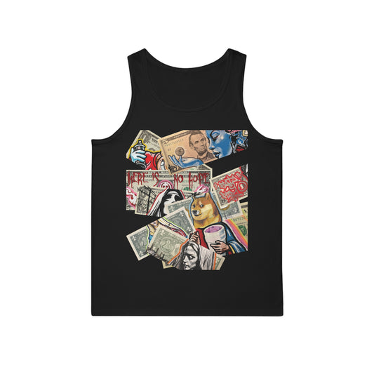 Black tank top with stacked dollars artistic design of dollars and text on a white background, front