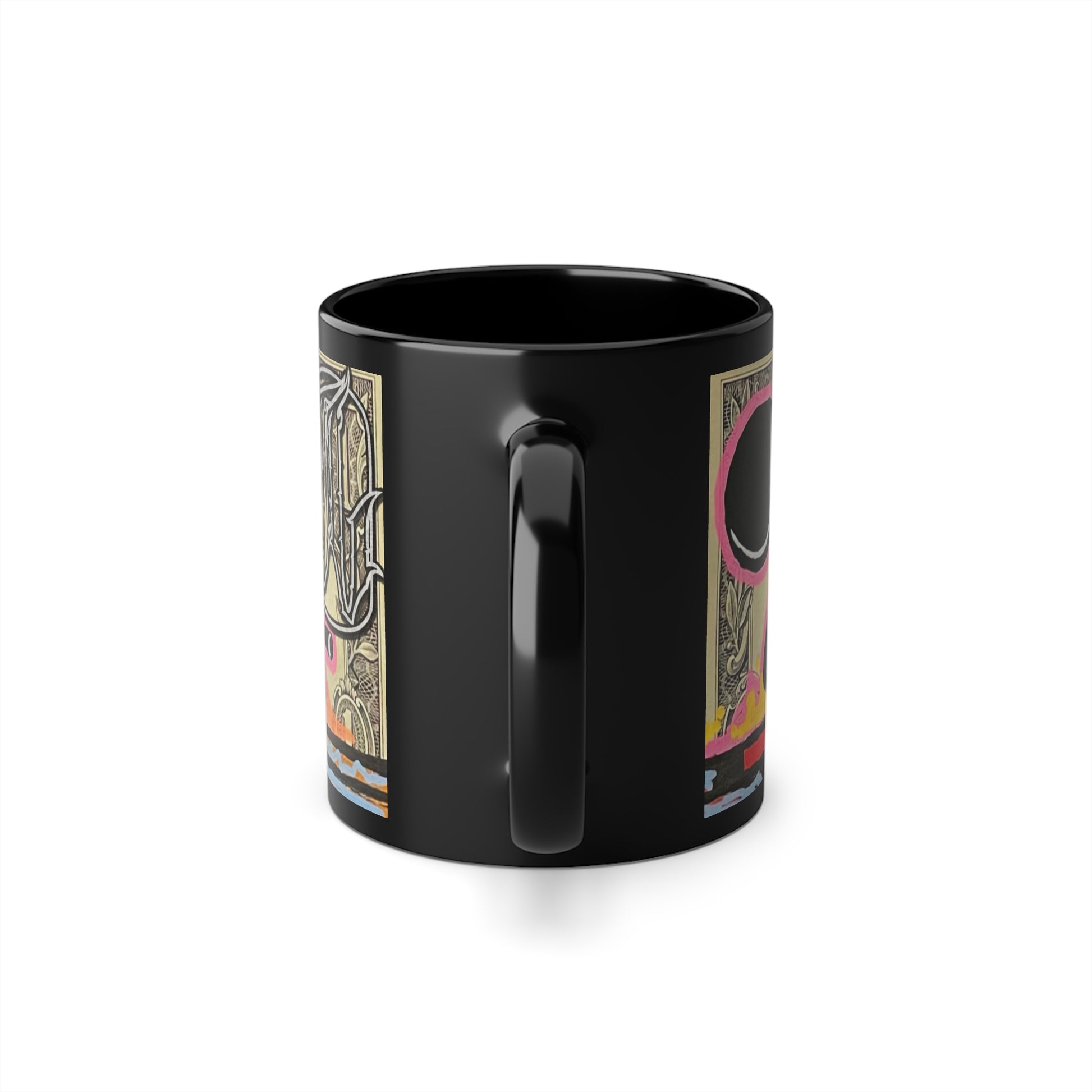 Black mug with colorful design featuring a character and dollar art on a white background, back