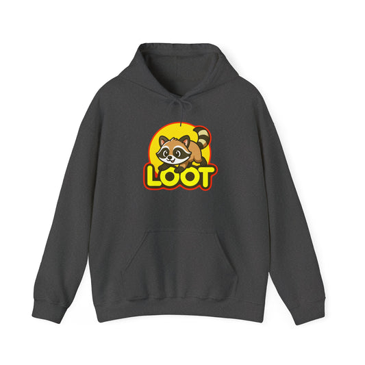 Dark gray hoodie with a raccoon graphic and 'LOOT' text on a white background, front