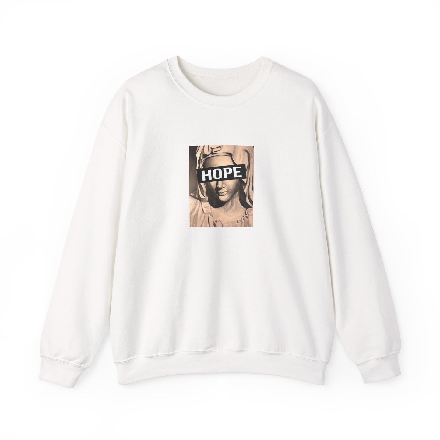 White crewneck sweatshirt with a graphic print of a person's face and the word 'HOPE' on the front, front