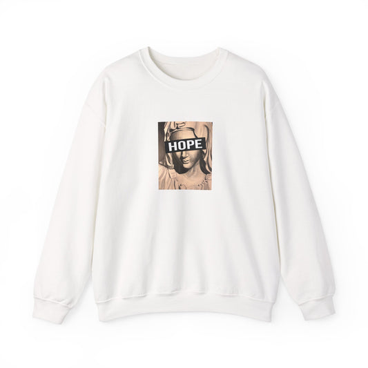 White crewneck sweatshirt with a graphic print of a person's face and the word 'HOPE' on the front, front