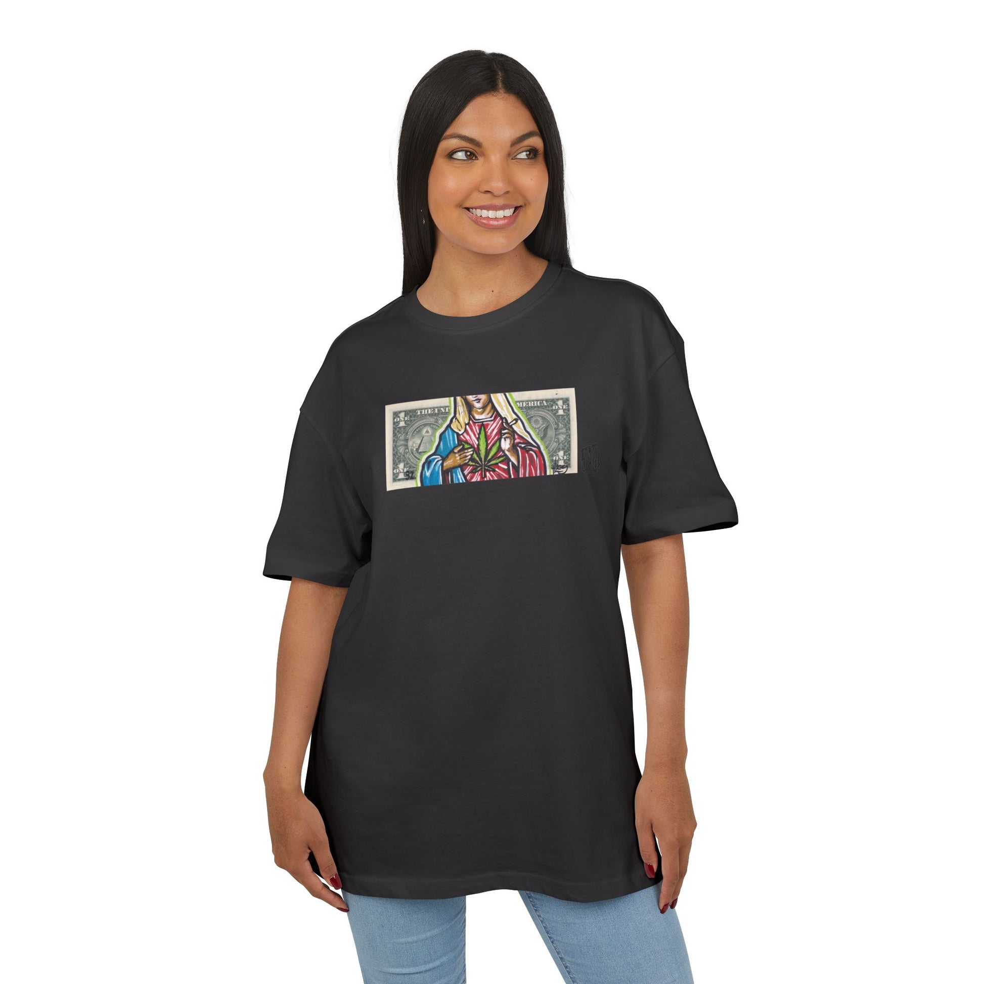 Woman wearing a black t-shirt with a colorful graphic design of maryjane on a white background, front
