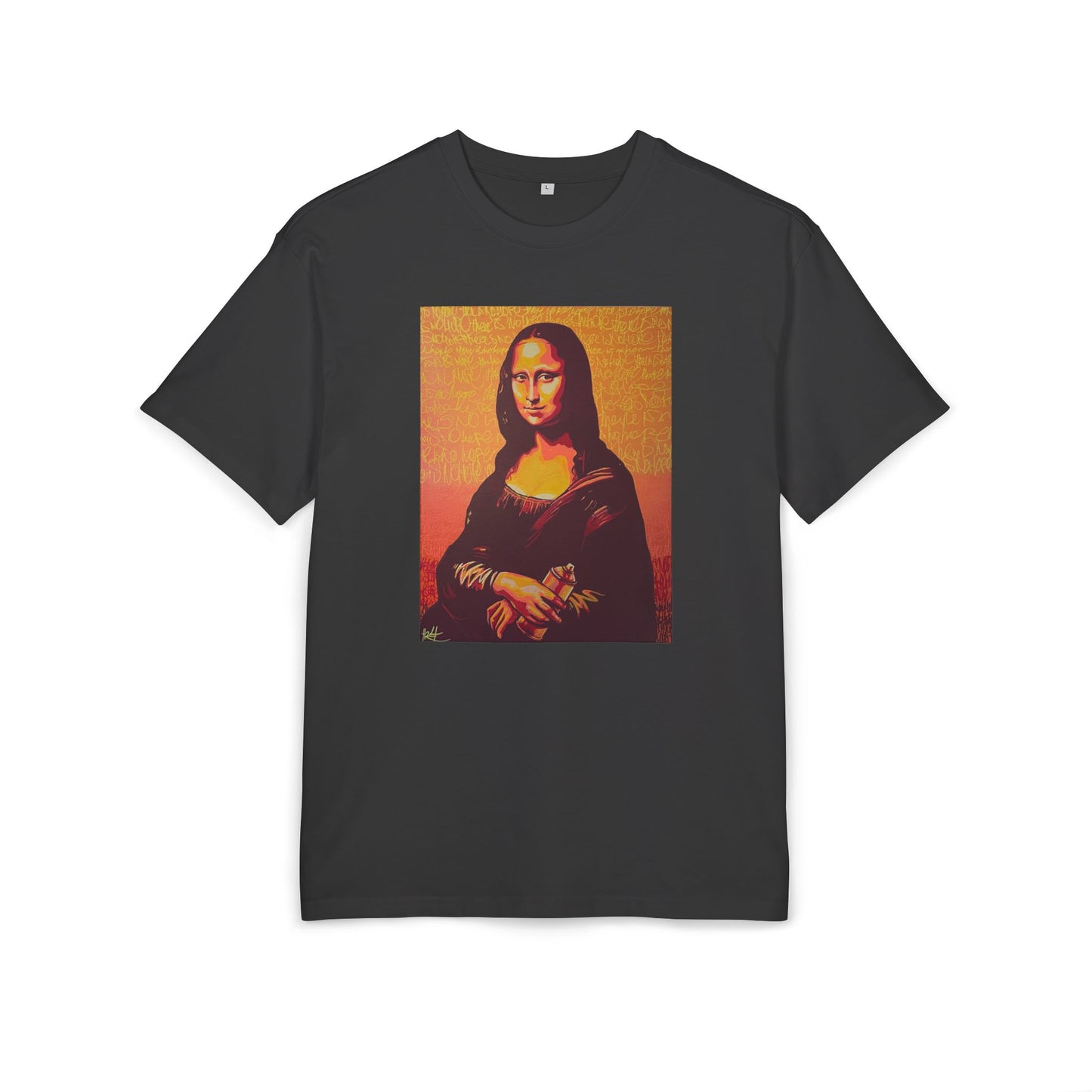 black T-shirt featuring a printed portrait of a famous painting on the front, front