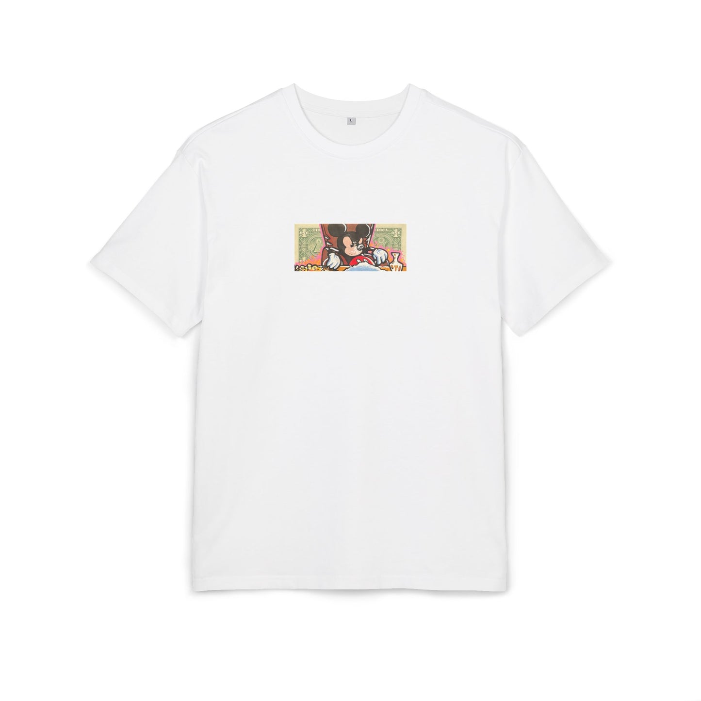 White t-shirt with a graphic dollar design on a white background, front