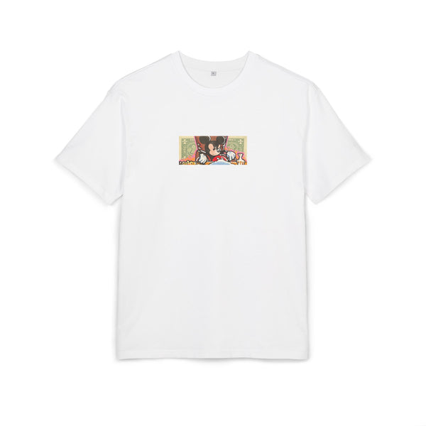 White t-shirt with a graphic dollar design on a white background, front