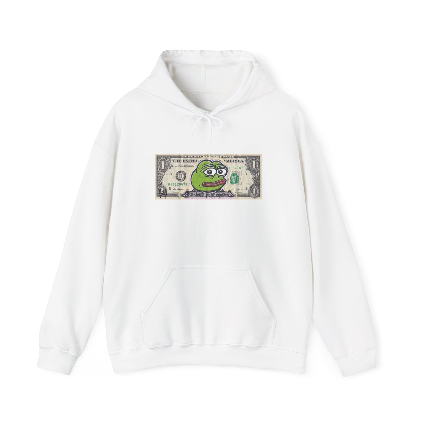 White hoodie with a graphic of a dollar bill and a frog on the chest against a white background, front