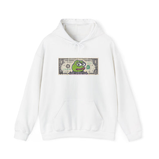 White hoodie with a graphic of a dollar bill and a frog on the chest against a white background, front