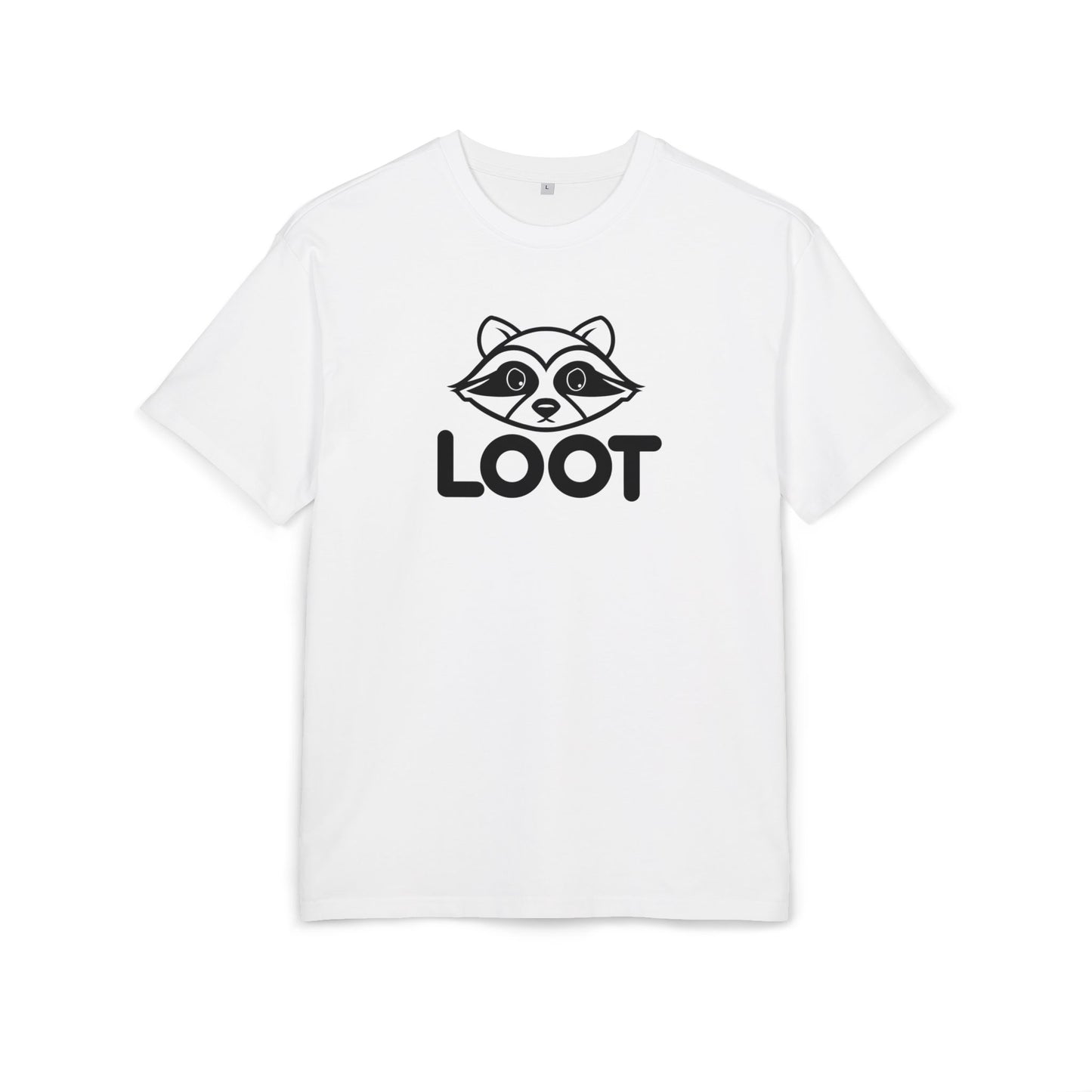 White t-shirt with 'LOOT' and raccoon graphic on a white background, front
