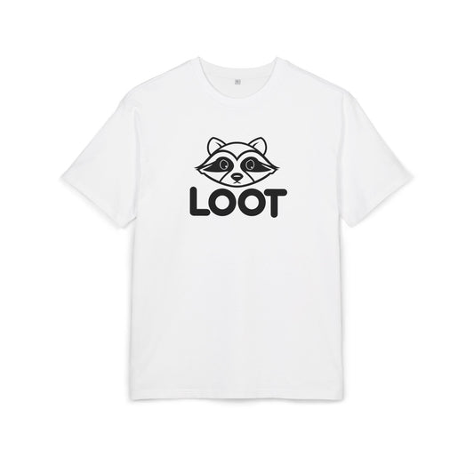 White t-shirt with 'LOOT' and raccoon graphic on a white background, front