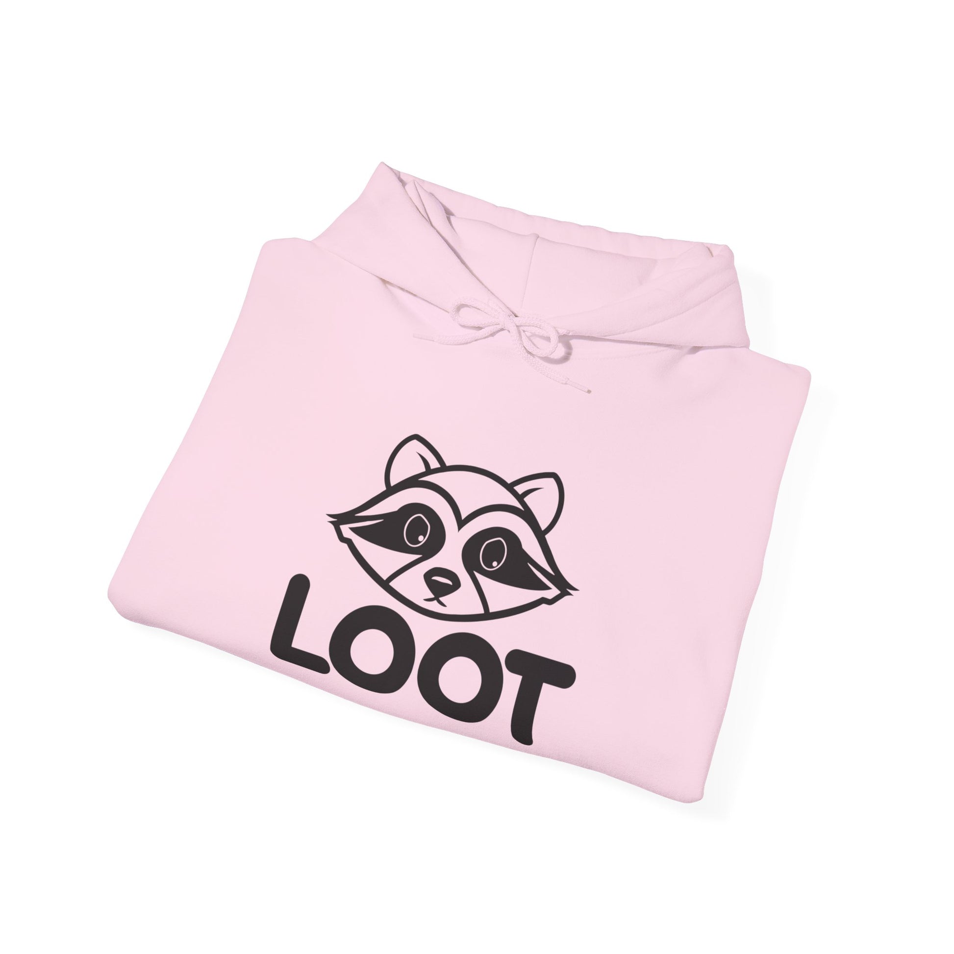 folded light pink hoodie with a raccoon graphic and 'LOOT' text on a white background, front