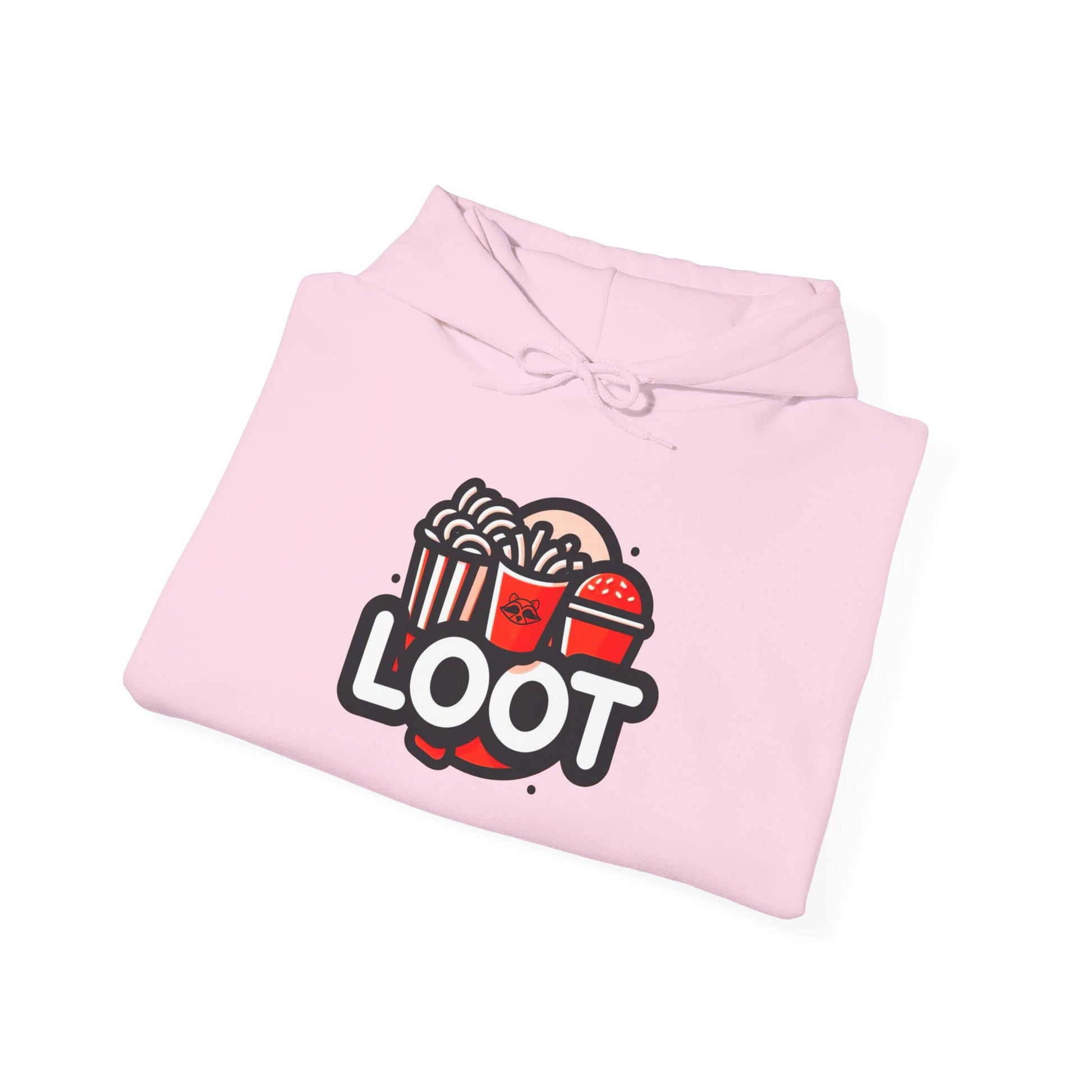 folded light pink hooded sweatshirt in orange color with a graphic print on the front that reads 'LOOT' with a fast food beside it, front