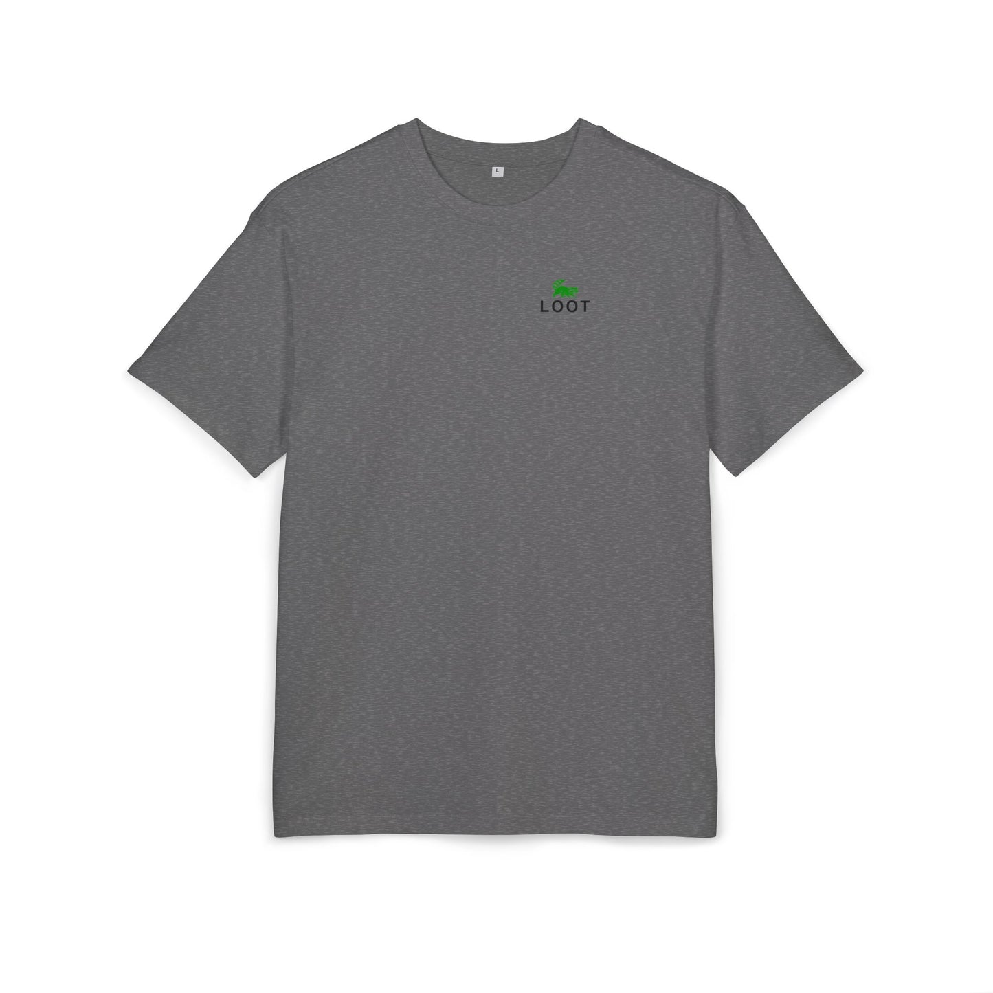 Gray t-shirt with a green logo on a white background, front