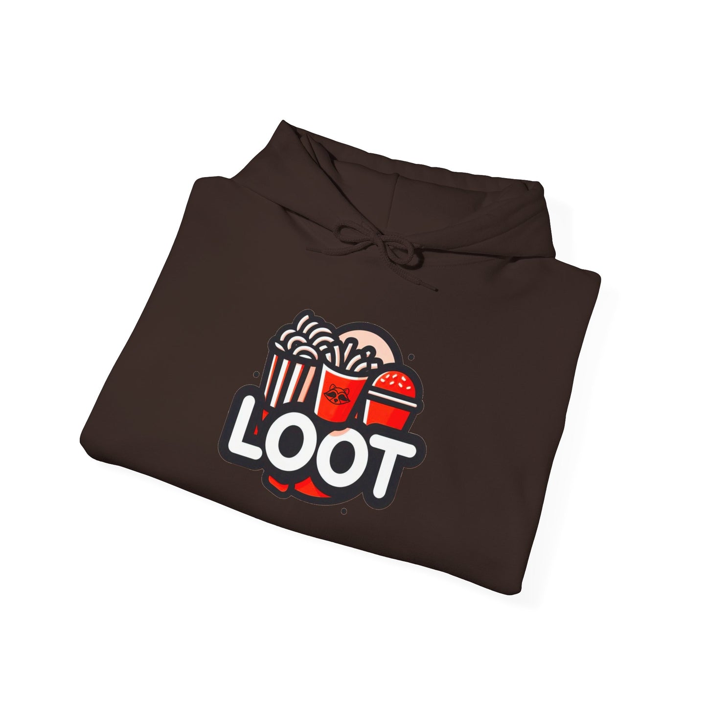 folded dark chocolate hooded sweatshirt in orange color with a graphic print on the front that reads 'LOOT' with a fast food beside it, front