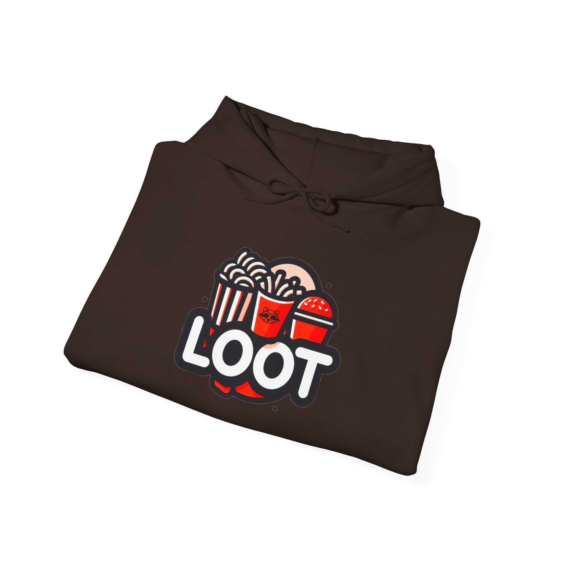 folded dark chocolate hooded sweatshirt in orange color with a graphic print on the front that reads 'LOOT' with a fast food beside it, front