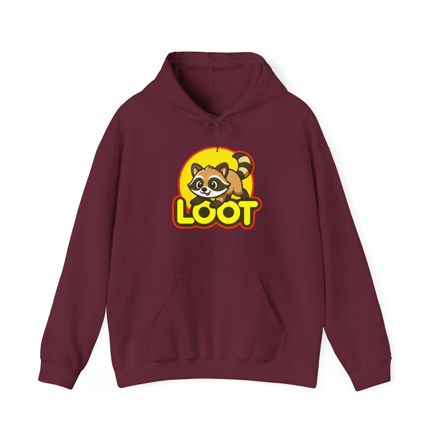 Maroon hoodie with a raccoon graphic and 'LOOT' text on a white background, front