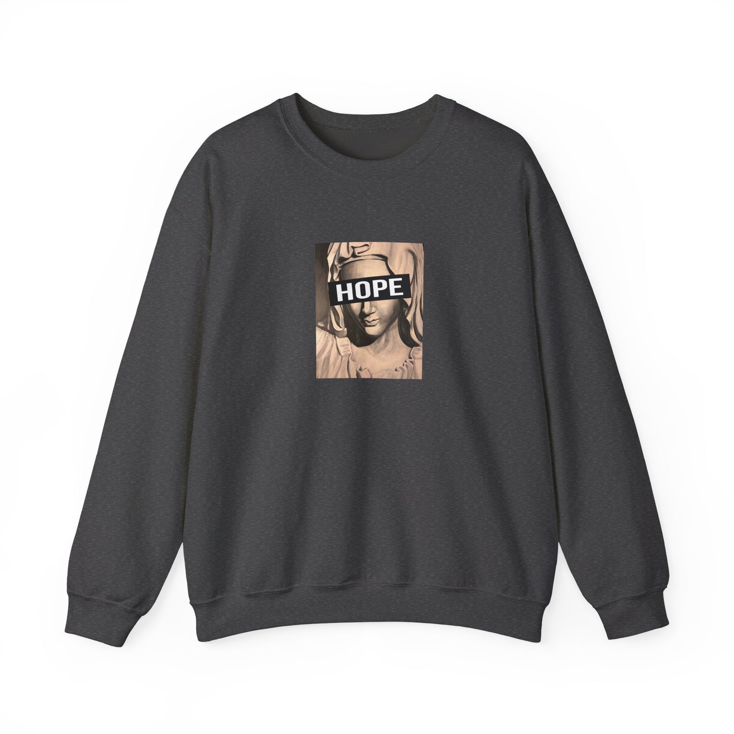 dark heather crewneck sweatshirt with a graphic print of a person's face and the word 'HOPE' on the front, front