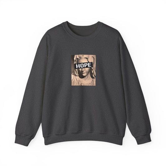 dark heather crewneck sweatshirt with a graphic print of a person's face and the word 'HOPE' on the front, front