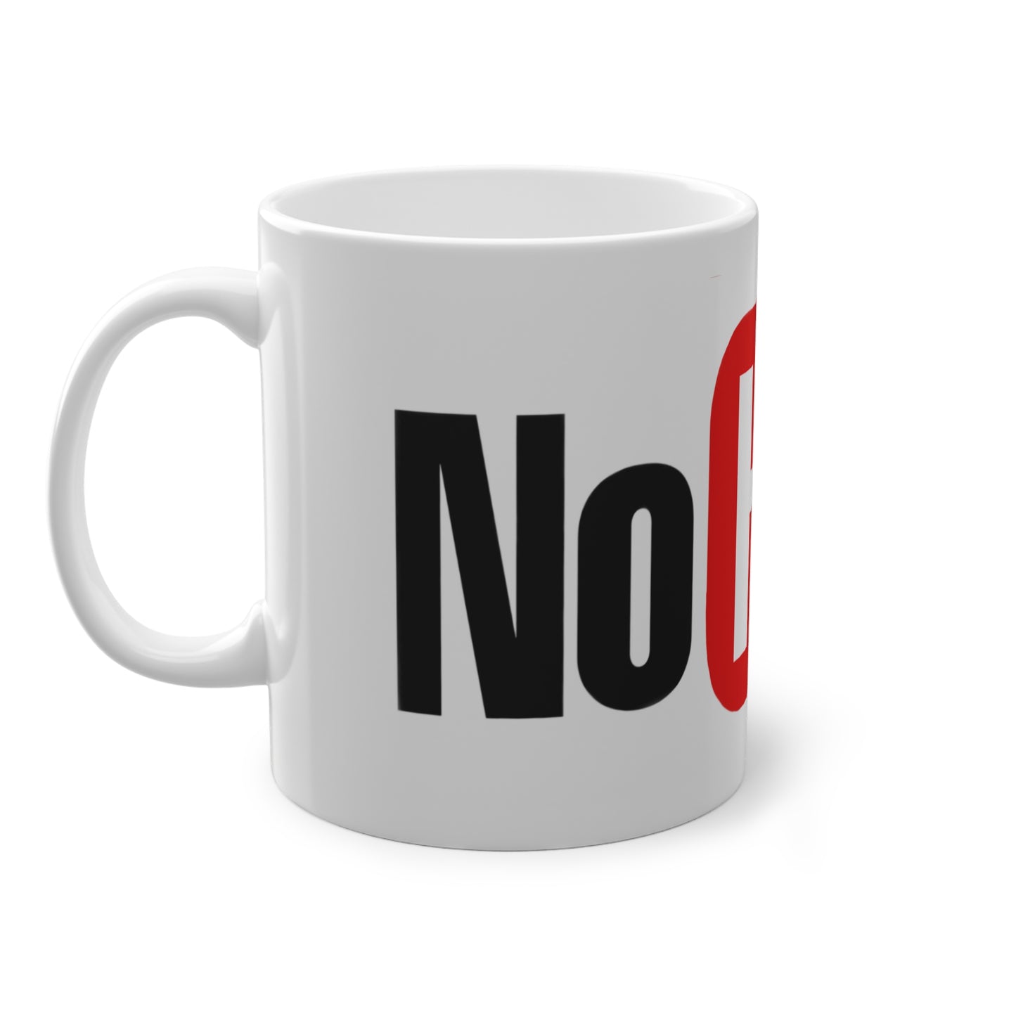 White mug with a red and black design with text "NO Hope" on a white background, side