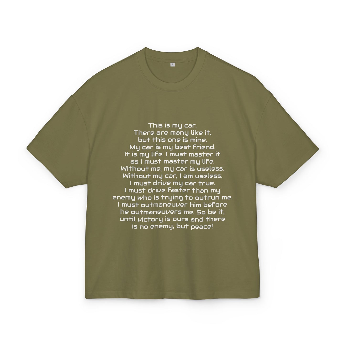olive box t-shirt with white car inspired text on a white background, front