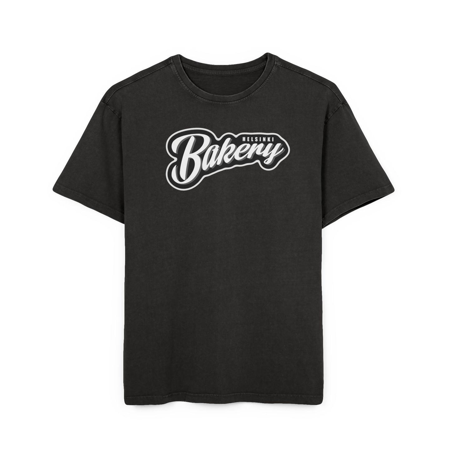 Black t-shirt with 'Bakery' text on a white background, front