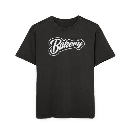 Black t-shirt with 'Bakery' text on a white background, front