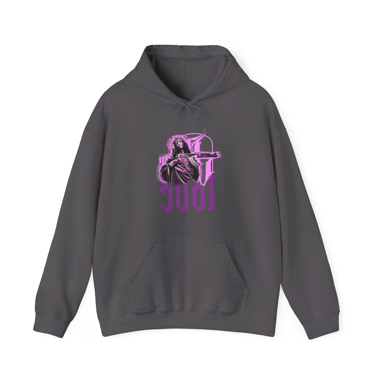 Gray hoodie with a graphic design on a white background, front