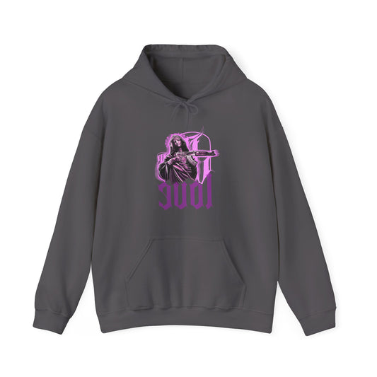 Gray hoodie with a graphic design on a white background, front