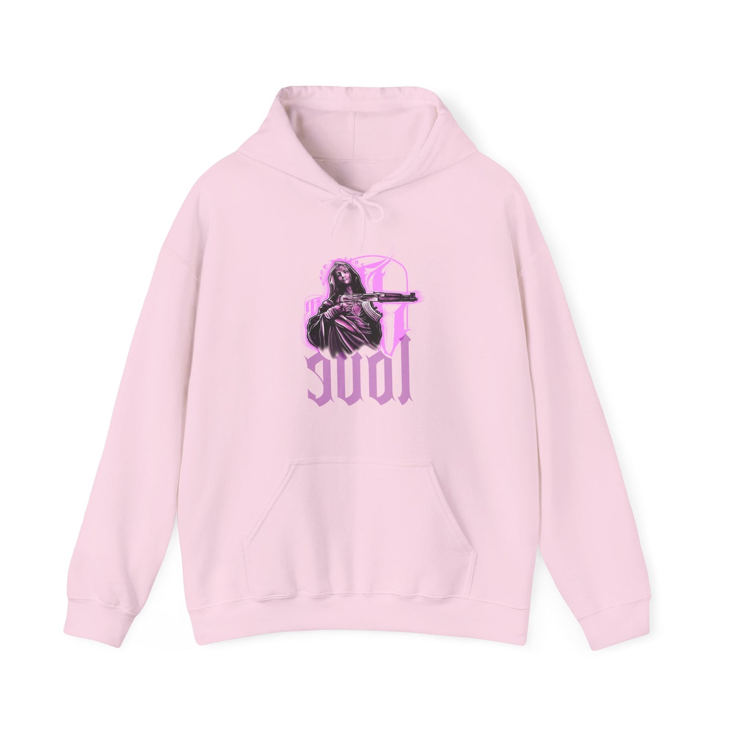 Pink hoodie with graphic design on a white background, front