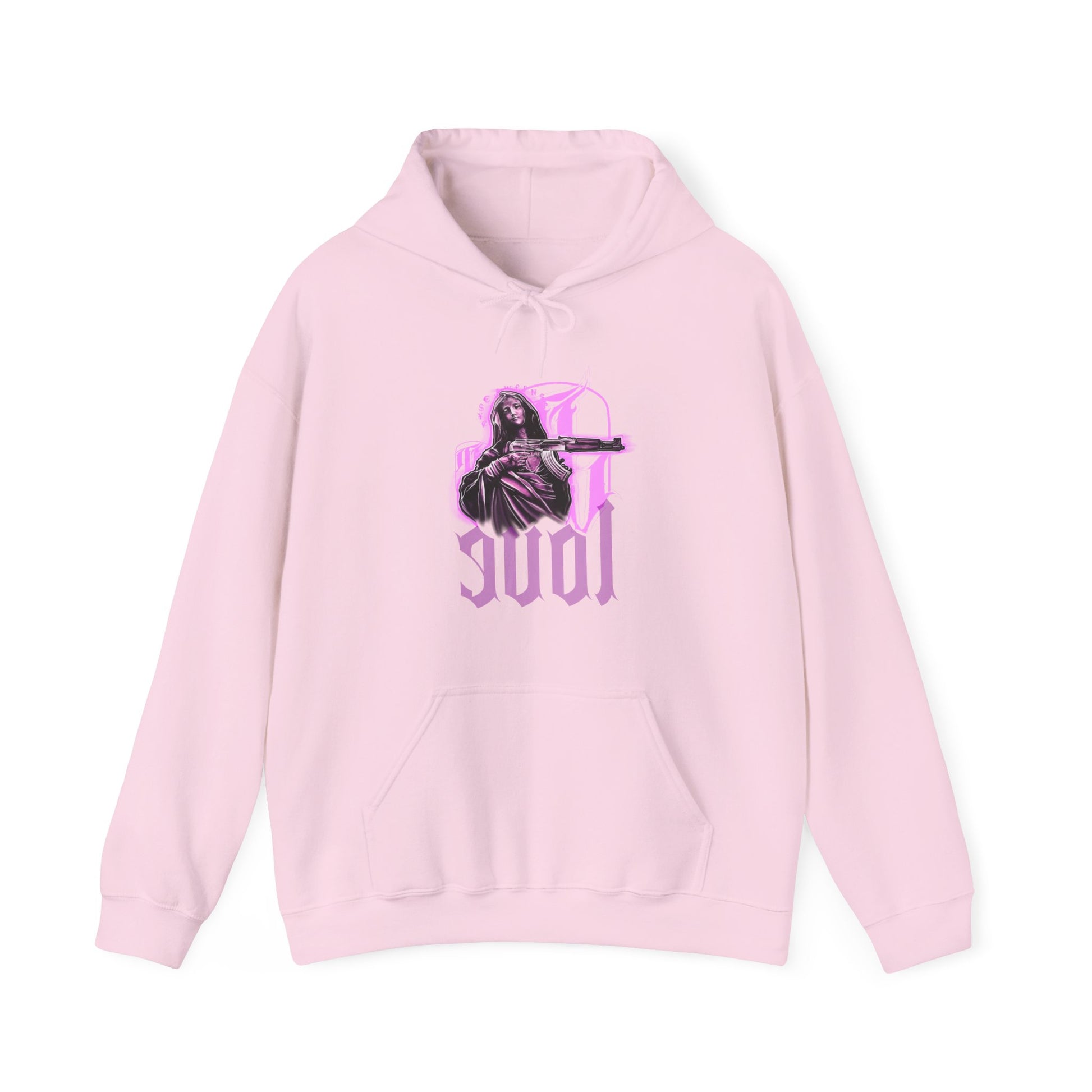 Pink hoodie with graphic design on a white background, front