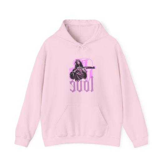 Pink hoodie with graphic design on a white background, front