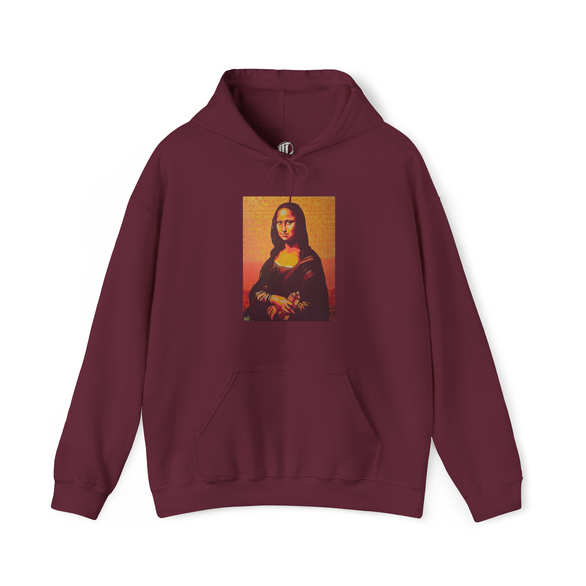 maroon hooded sweatshirt featuring a printed portrait of a famous painting on the front, front