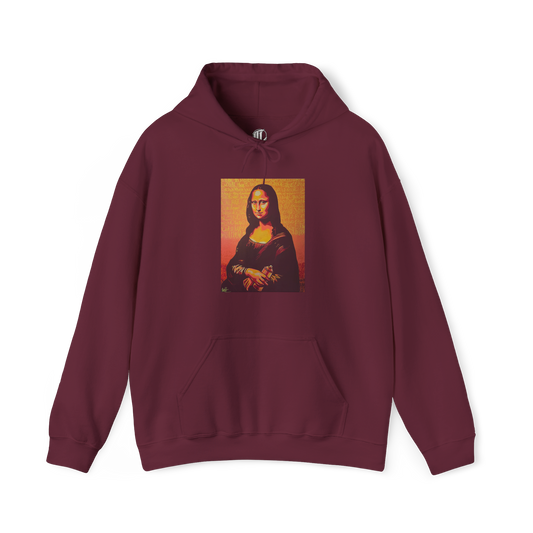 maroon hooded sweatshirt featuring a printed portrait of a famous painting on the front, front