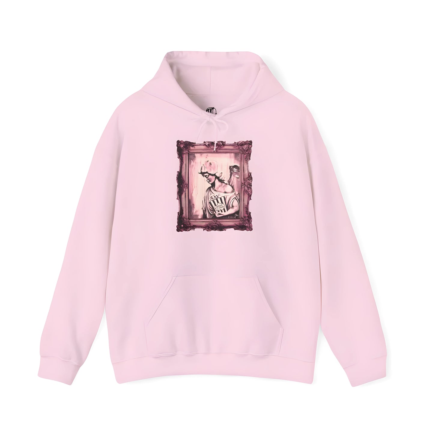 Pink hoodie with a graphic artistic design on a white background, front