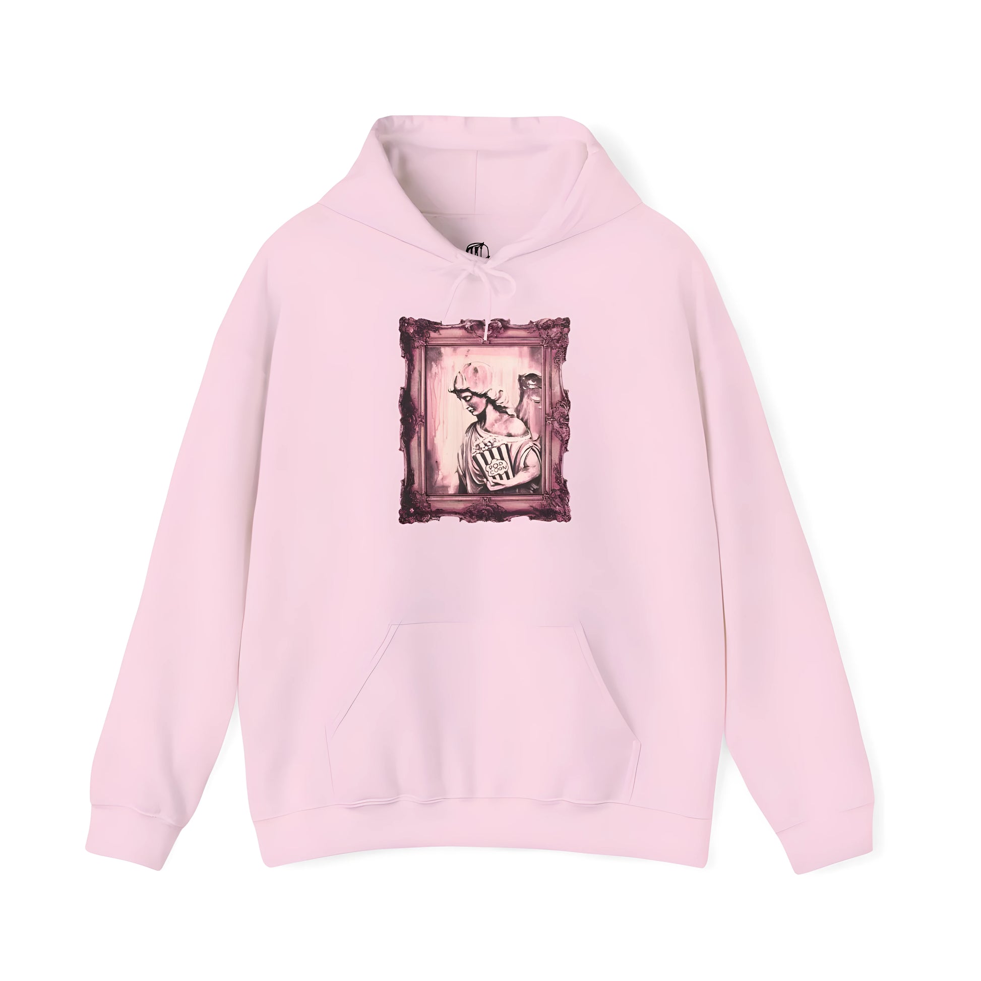 Pink hoodie with a graphic artistic design on a white background, front
